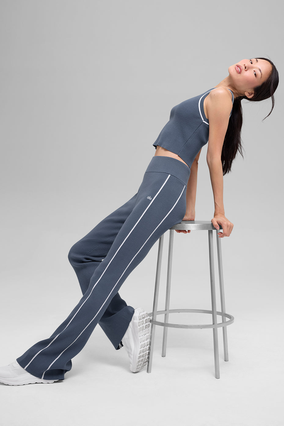 Ribbed Sweater Knit Highline Flare Pant - Bluestone/White